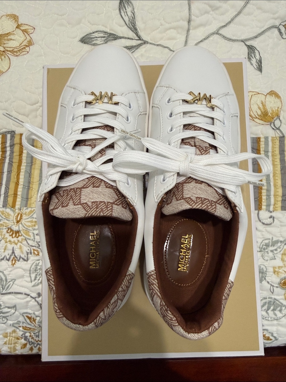Michael Kors White Leather Sneakers with Brown MK Monogram Accents
